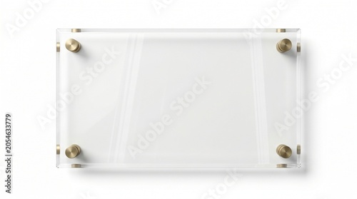 Clear acrylic frame with gold standoff bolts, transparent plexiglass sign mockup, modern glass wall plaque for office branding and interior signage
