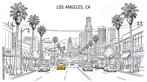 Fotografi Los angeles city street with skyscrapers and palm trees line art