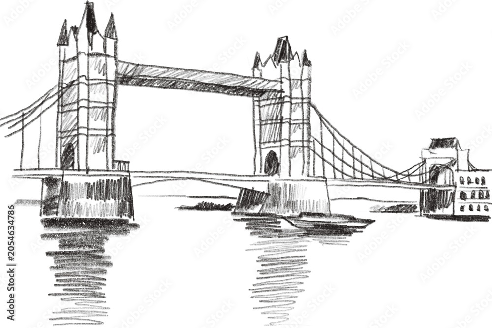 Obraz premium Black and white sketch of historic suspension bridge over river with boat passing underneath
