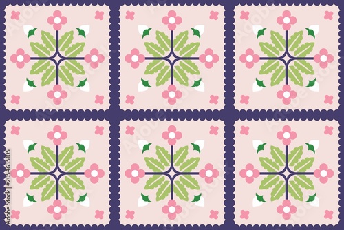 Seamless floral pattern with green leaves on pastel pink and purple background
