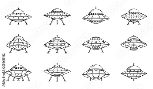 Foto Various UFO flying saucer vector collection with hand drawn sci fi spacecraft