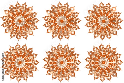 Intricate Orange Mandala Designs with Symmetrical Floral Patterns on White Background