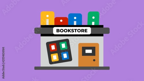 Flat Style Bookstore Building Animation with Colorful Books on Purple Background