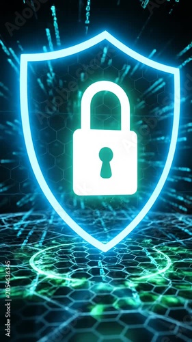 Glowing digital shield padlock icon within a data tunnel.