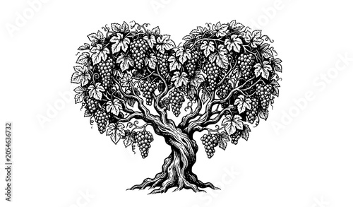 Obraz na plátně Vintage grapevine tree sketch vector with heart shaped leaves and grape clusters