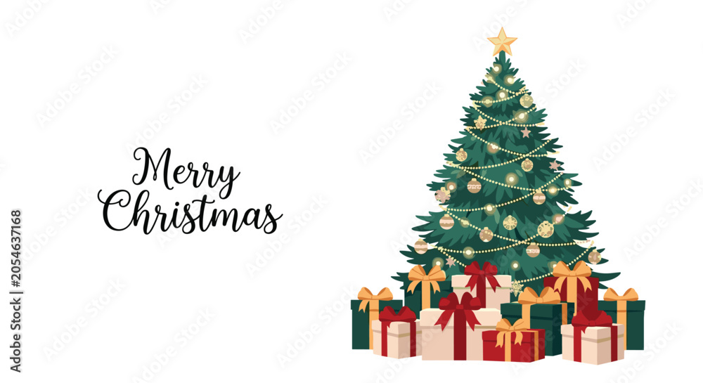 Naklejka premium Festive holiday card design featuring a decorated green Christmas tree topped with a star and a pile of colorful gift boxes.