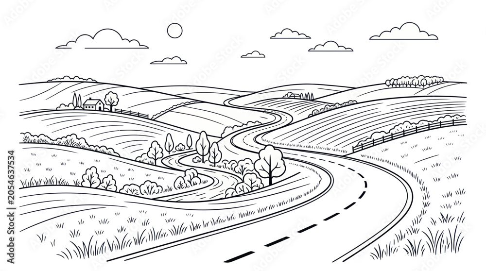 Fototapeta premium Winding road through rolling hills and rural countryside