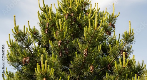 Detailed close up of a pine tree branch with new growth and brown cones