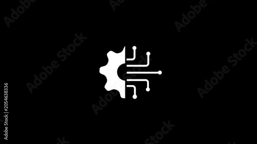 White Icon Combining Gear and Circuit Board Elements on Black Background technology industry