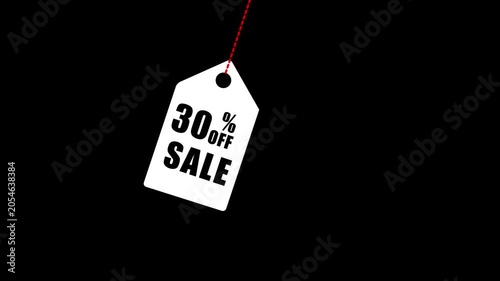 White Sale Tag with 30 Percent Off Text Hanging by Red Dashed Line on Black Background discount price