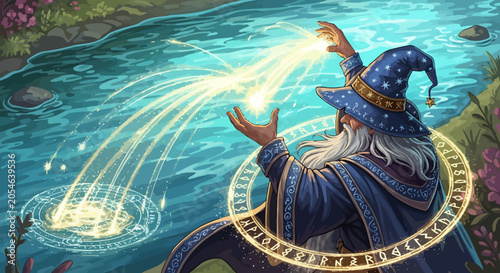 Wizard casting magic spell outdoors.