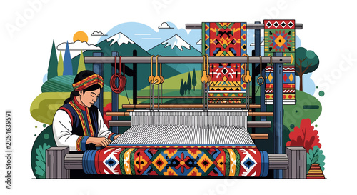 Woman working on colorful textile fabric.
