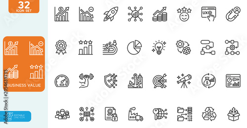 Business value Vector illustration editable line icon set. Containing Profit, Growth, Efficiency, Innovation, Quality, Reputation, Reliability, Brand Identity and more. on white background.