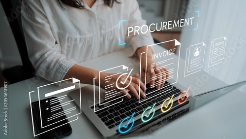 Fotografie Person Engaged in Digital Procurement Process with Computer and Documents in Modern Workspace Focusing on Invoices and Organizational Tasks Gluon