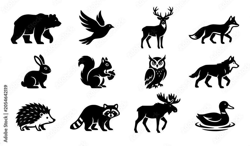 Fototapeta premium Black and white animal icon collection with bear bird deer and wildlife silhouettes