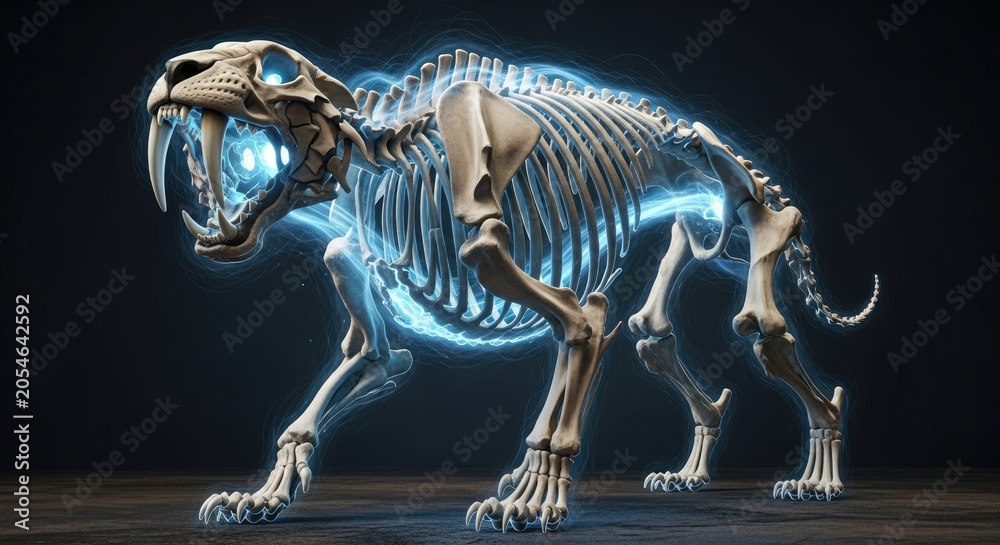 Fototapeta premium Glowing skeleton of a dinosaur beast.