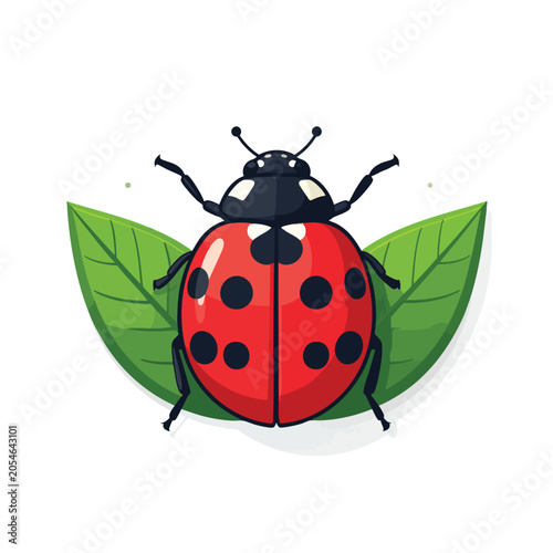 A cute ladybug perched on green leaves illustration.