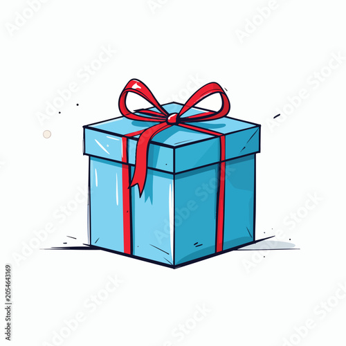 Cartoon Illustration of a Blue Gift Box with a Red Ribbon.