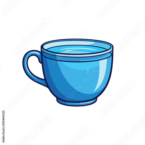 A vibrant blue cartoon mug filled with water on a plain background.