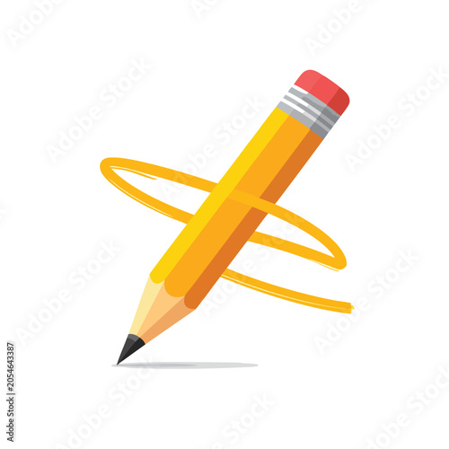 A stylized yellow pencil with a circular line swirling around it.