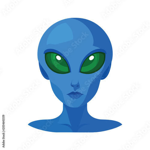 Illustration of a blue alien with large green eyes.