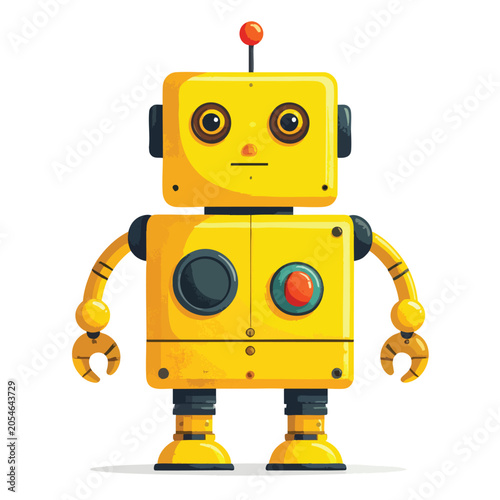 A Cute Yellow Retro Robot Standing Isolated on White Background.