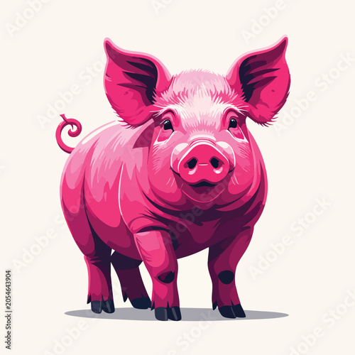 Vibrant Pink Pig Illustration Isolated on White Background.