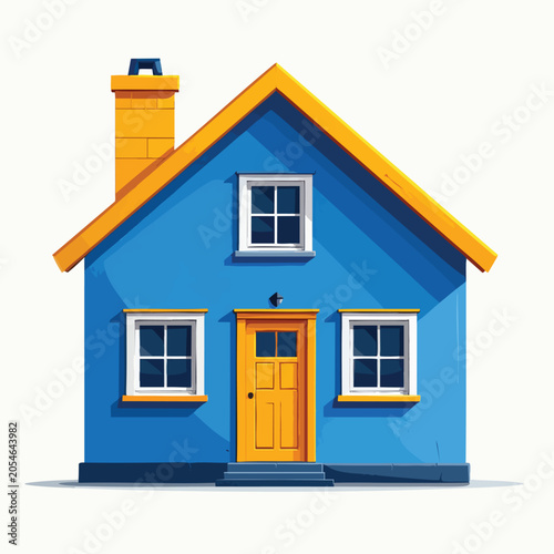 Minimalist vector illustration of a small blue house with a yellow roof and door.