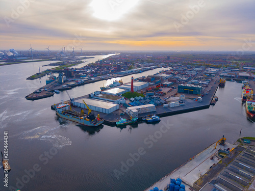Canvas Print IJmuiden High Lighthouse (Hoge vuurtoren van IJmuiden) aerial view at the entrance to the North Sea Canal, in town of IJmuiden, North Holland, Netherlands