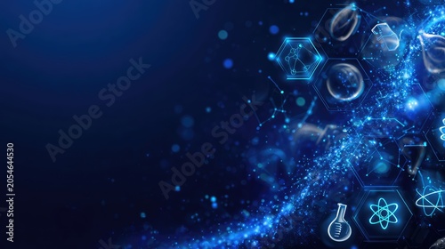 Abstract futuristic background showcasing molecular structures, laboratory equipment, and scientific icons representing innovation and technology in research and development.