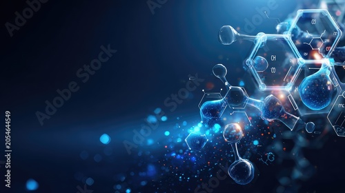 Abstract representation of molecules and chemical structures with glowing effects, showcasing the intricate beauty of science and technology in a digital space