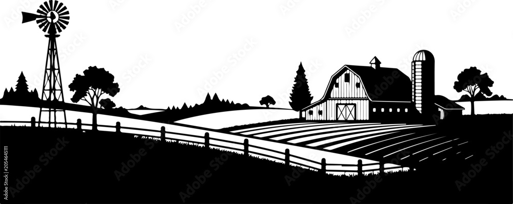 Obraz premium Farm landscape, rural scenery, black and white illustration, vector farmhouse