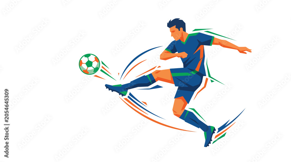 Fototapeta premium Dynamic Geometric Illustration of a Male Soccer Player Powerfully Kicking a Football with Energetic Motion and Vibrant Lines