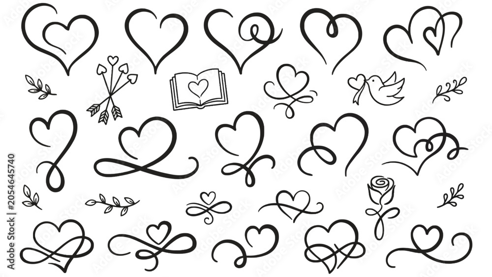 Fototapeta premium Set of calligraphic heart flourishes and corazon vector doodles for wedding and Valentine design