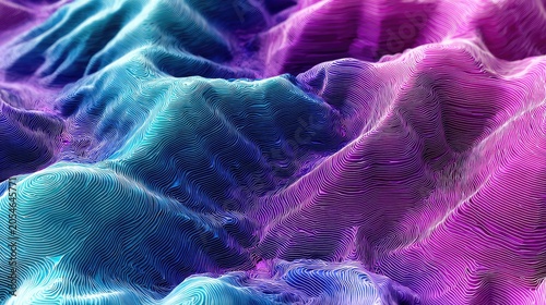 Colorful abstract waves creating dynamic patterns and textures in vibrant shades of blue and purple representing energy and movement in a digital landscape.