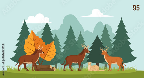 Canvas Print Deer in Forest Flat Vector Illustration Autumn Wildlife Scene