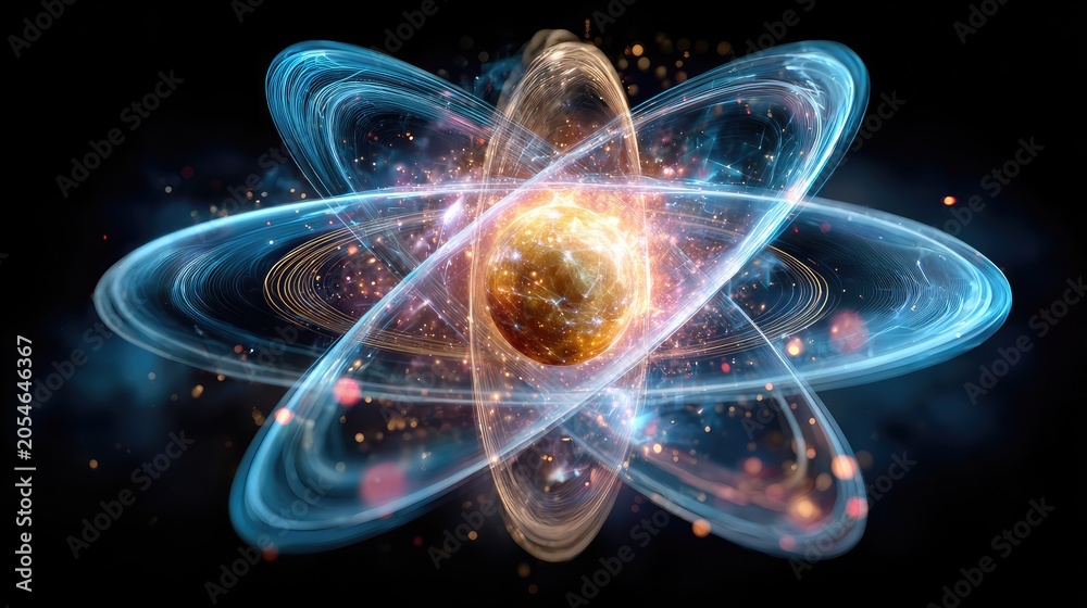 Fototapeta premium Stunning Visualization of an Atomic Structure with Glowing Particles in a Dark Background, Perfect for Science, Education, and Technology Themes Depicting Quantum Physics and Energy Concepts