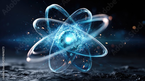 Stunning depiction of futuristic atomic structure with glowing particles, energy waves, and light trails against a dark cosmic background emphasizing scientific innovation and discovery