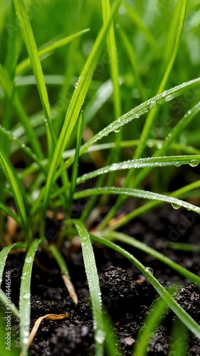 Lush green grass field with morning dew drops.