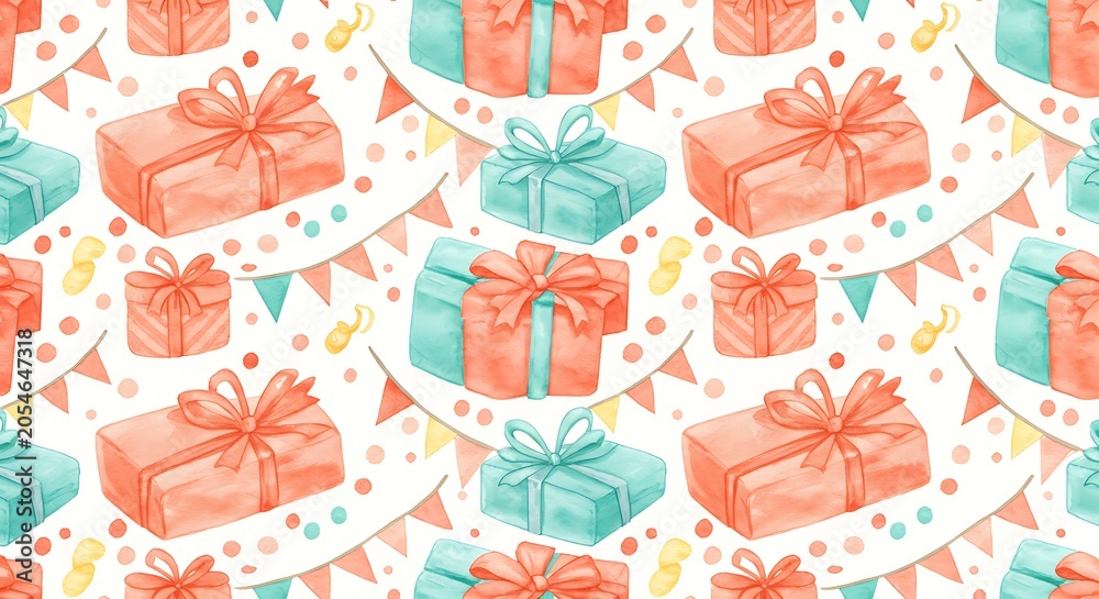 Fototapeta premium Watercolor Gift Pattern: Pastel Joyful Celebration