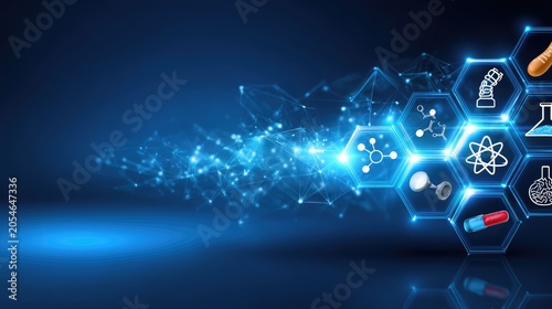 Abstract Digital Science Background with Glowing Hexagons Representing Chemistry, Biology, Physics, and Technology Icons on a Blue Gradient Space