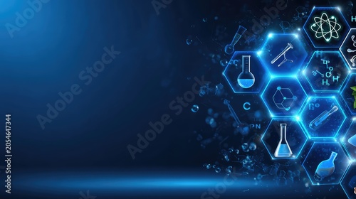 Futuristic Scientific Background Featuring Bright Symbols of Chemistry and Physics in Hexagonal Shapes with a Dark Blue Gradient for Educational and Research Purposes