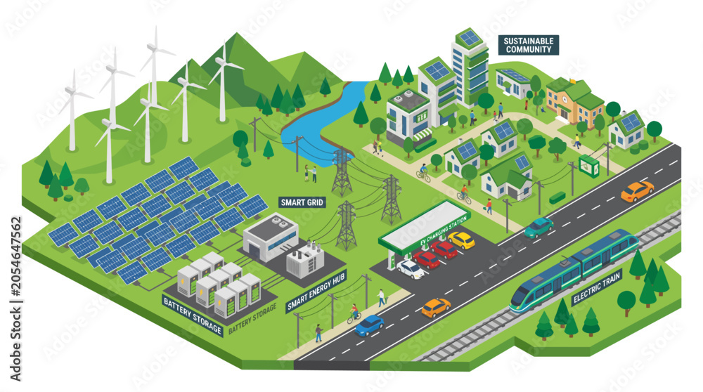 Fototapeta premium Sustainable Green City Isometric Illustration with Solar Panels Wind Turbines and Eco Transport