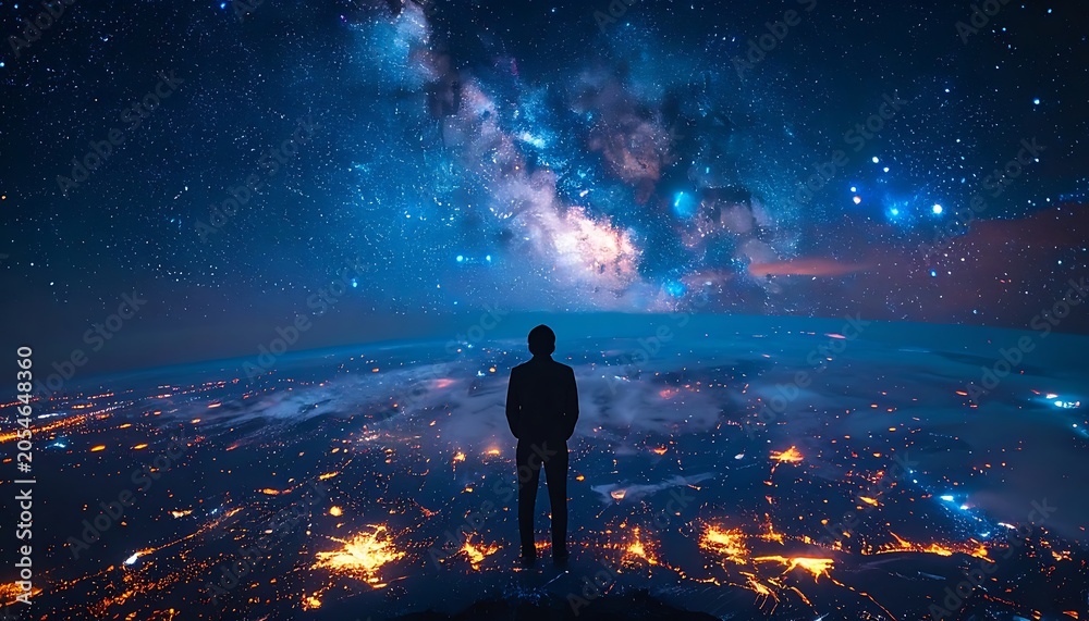 Fototapeta premium A lone figure stands on a cliff overlooking a vibrant cityscape under a starry night sky