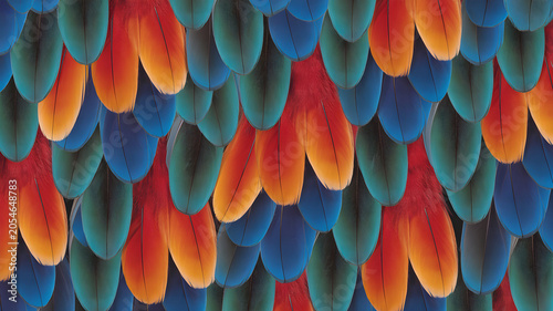 Abstract colorful feather pattern with overlapping shapes in vibrant blue orange and green colors