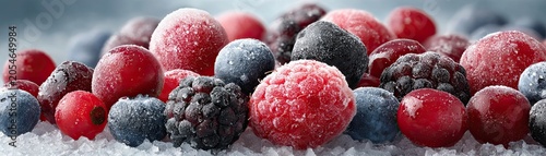 A close-up of assorted frozen berries covered with frost, resting on a bed of ice.