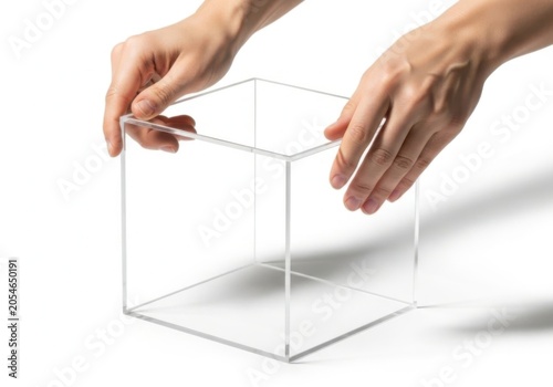 Person holding a clear acrylic cube box with hands in a studio setting