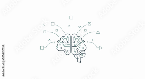 Digital brain icon with circuit board pattern and geometric shapes