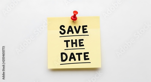 Save the date message on yellow sticky note pinned with red thumbtack, isolated on white background