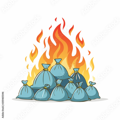 Pile of Blue Trash Bags Burning in Flames